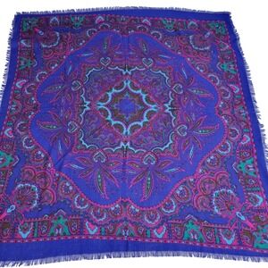 Casca for Magid‎ Fine Wool Scarf Blue-Purple Pink Green Fringed 45" Square Rare
